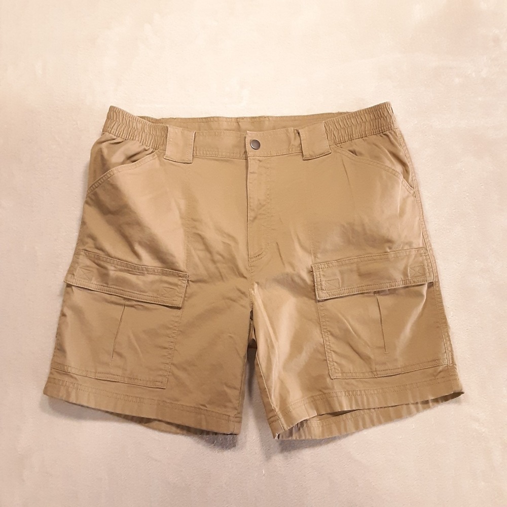 Roundtree Yorke Mens Elastic Waist Cargo Shorts 38 Beige 7" Inseam Cotton Blend